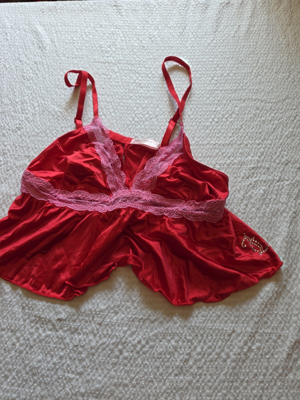 Juicy Couture Red Satin Chemise with Pink Lace Trim L